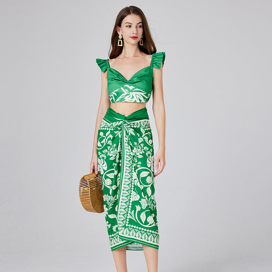 Floral Ruffled Elegant V-Neck Sleeveless Skirt Sets