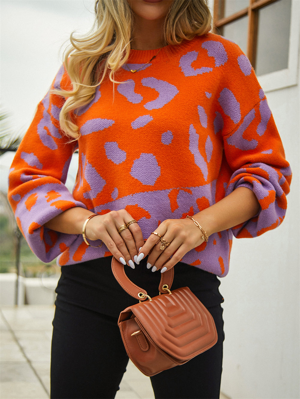 Pullover Leopard Splicing Round Neck Sweater
