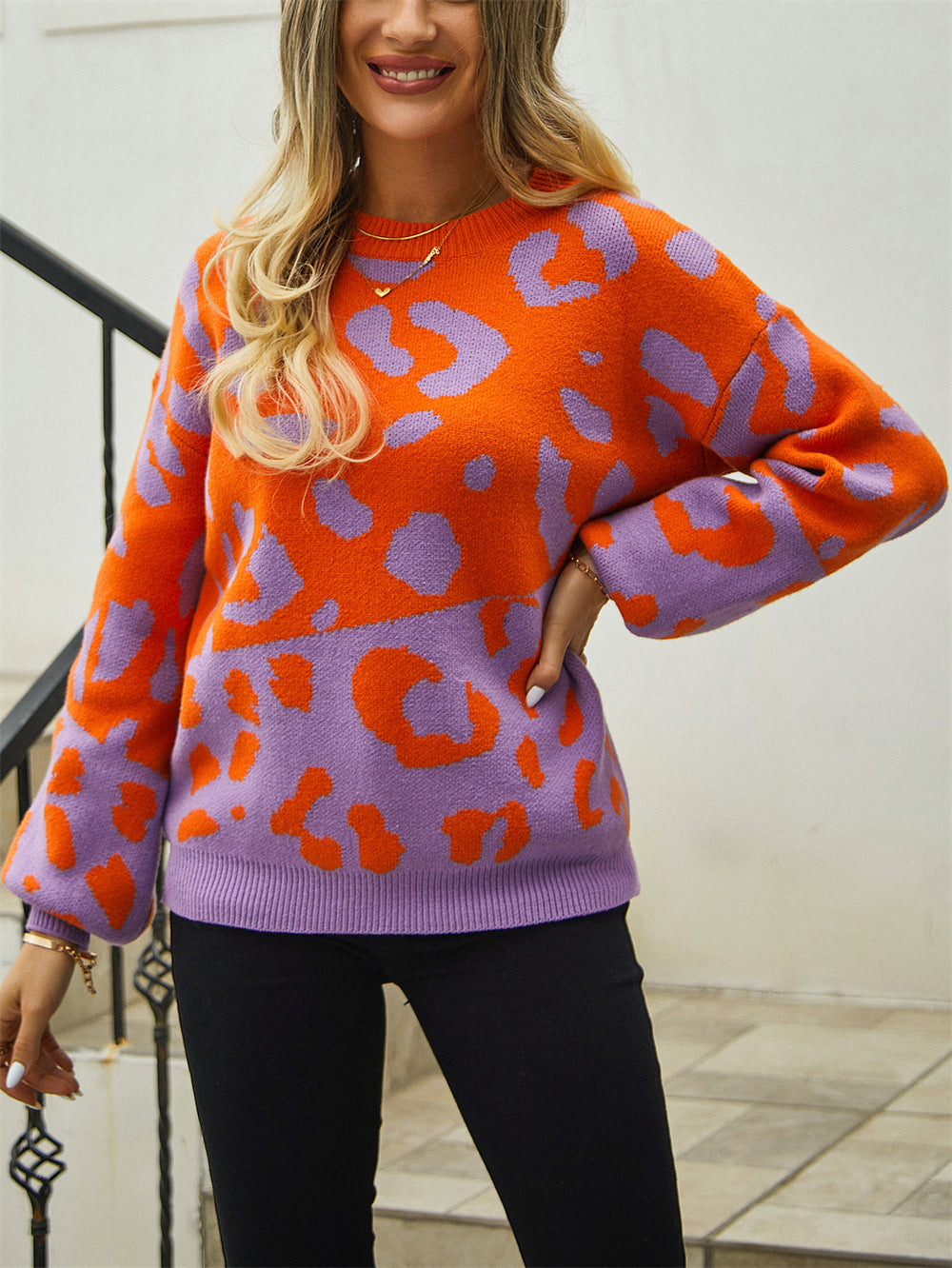 Pullover Leopard Splicing Round Neck Sweater