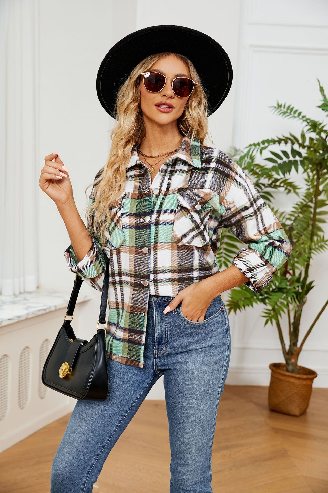 Button Collared Long Sleeve Plaid Shacket