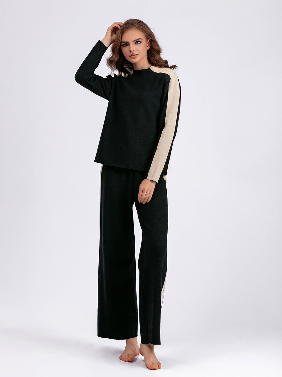 Neck Sweater Patchwork Cropped Pants Two Piece Suit