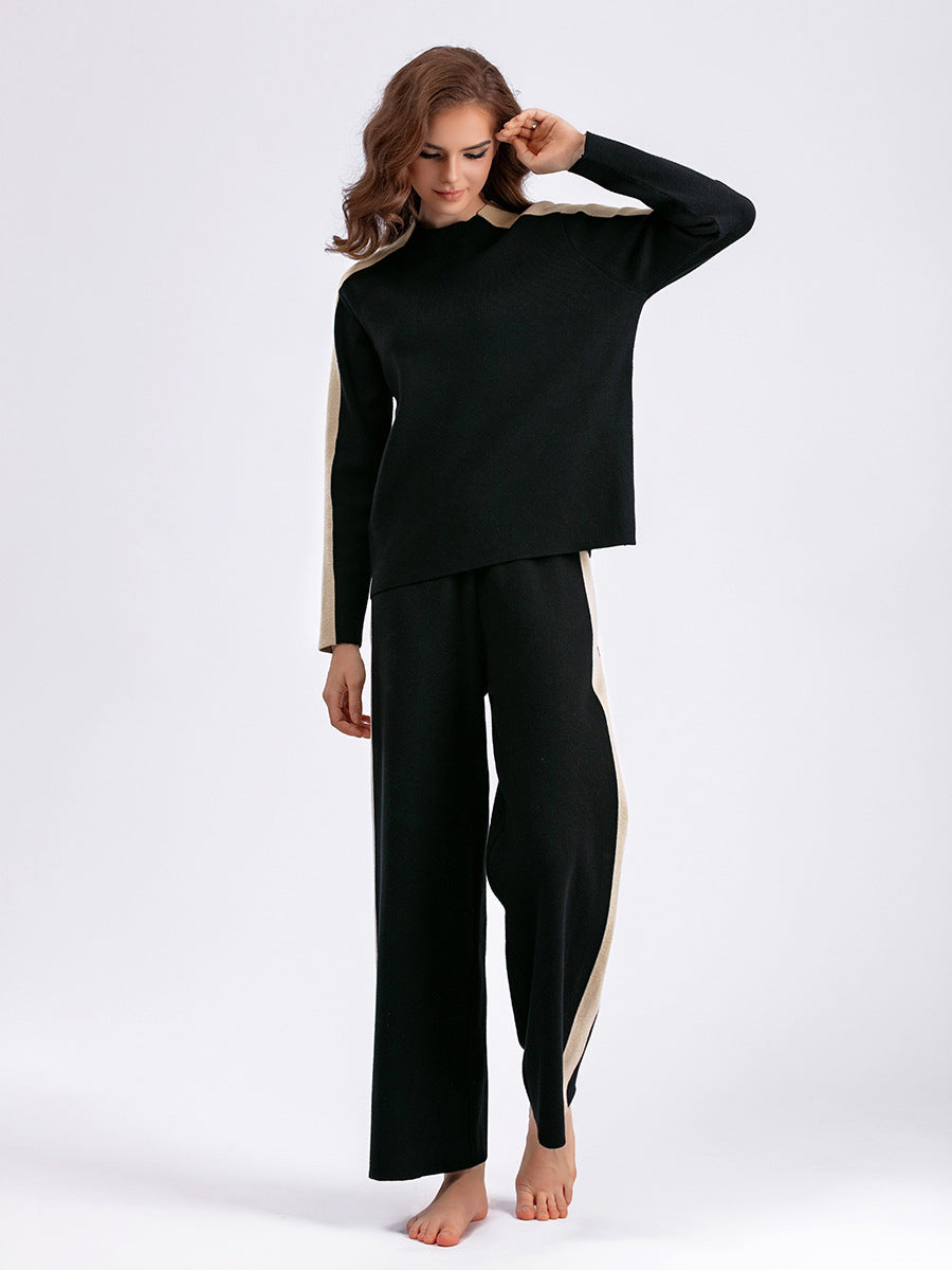 Neck Sweater Patchwork Cropped Pants Two Piece Suit