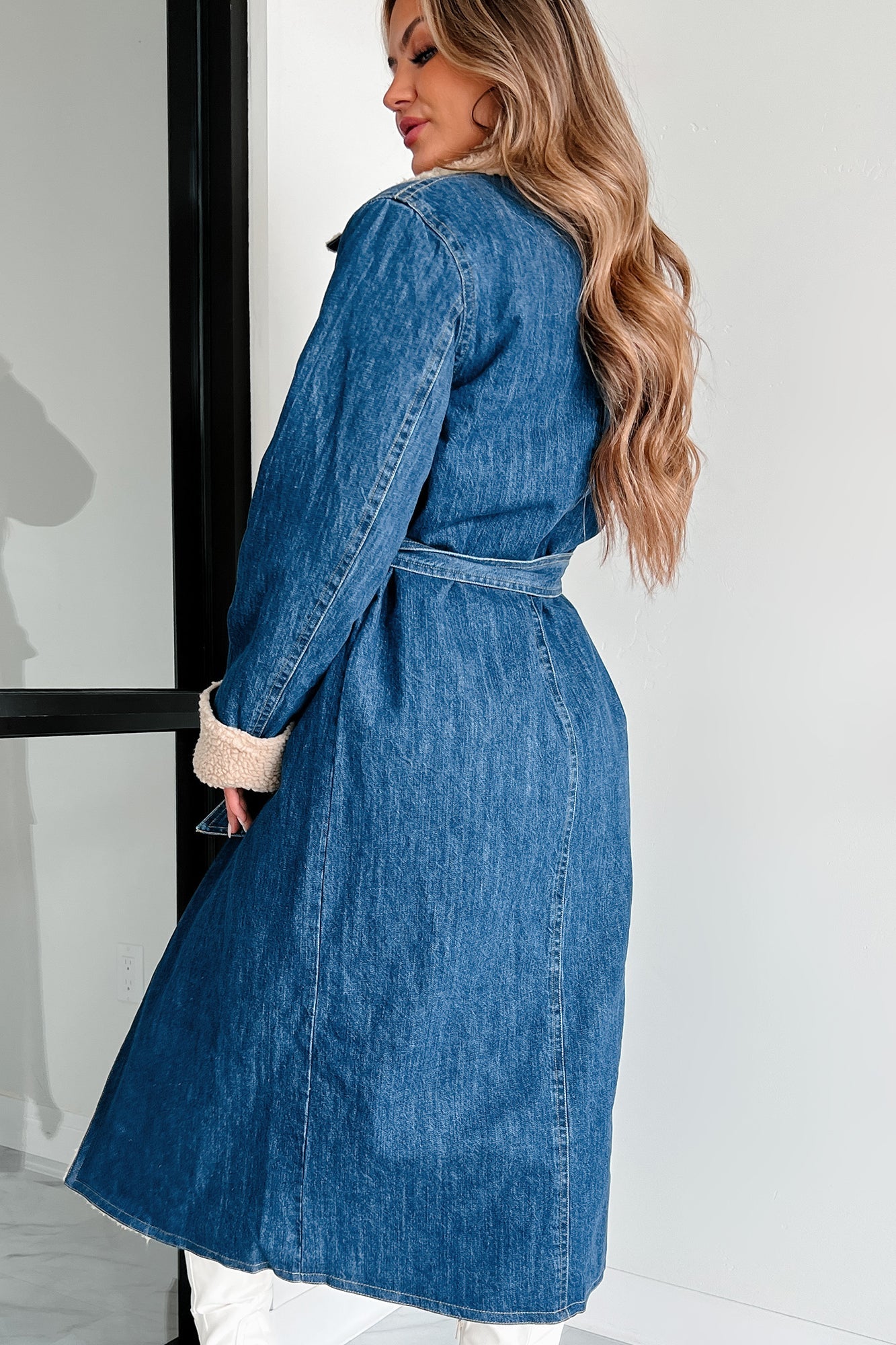Women's Elegant Collared Quilted Double Pocket Denim Trench Coat