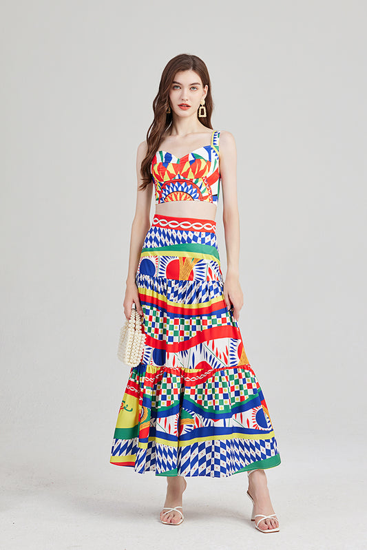Printed Three Dimensional Strapless Skirt with Strap Two Piece Set