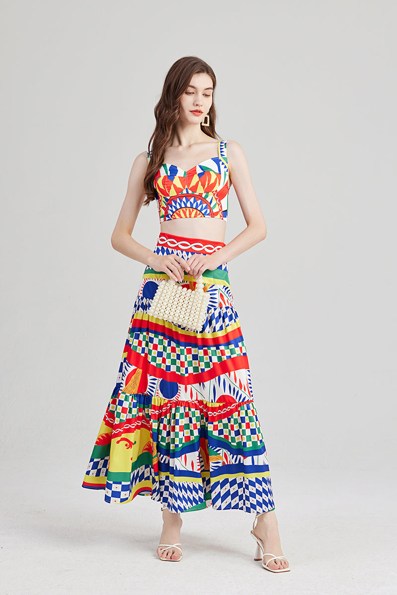 Printed Three Dimensional Strapless Skirt with Strap Two Piece Set