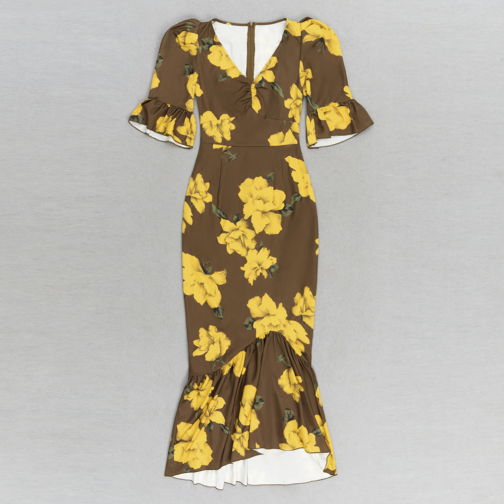 Women's Puff Sleeve Vintage Printed Ruffled Dress