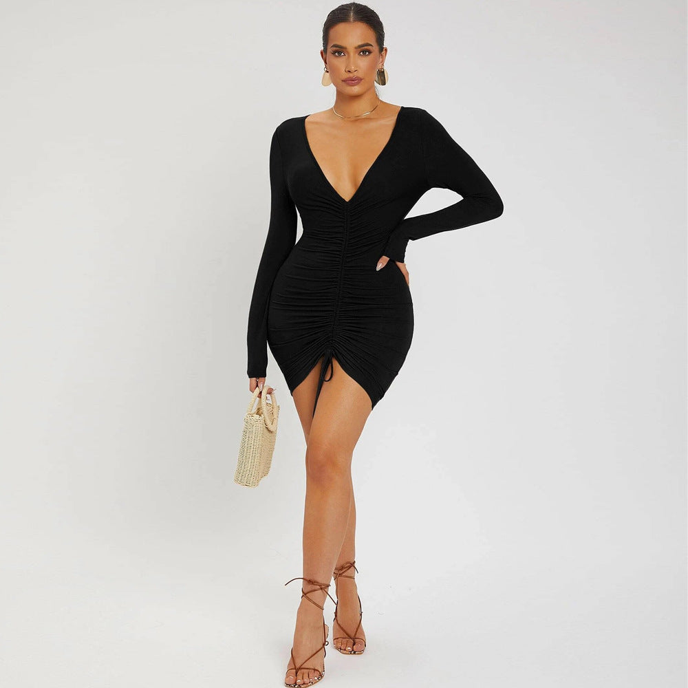 Women's Sexy Drawstring Sheath Knitted Long-Sleeved Dress