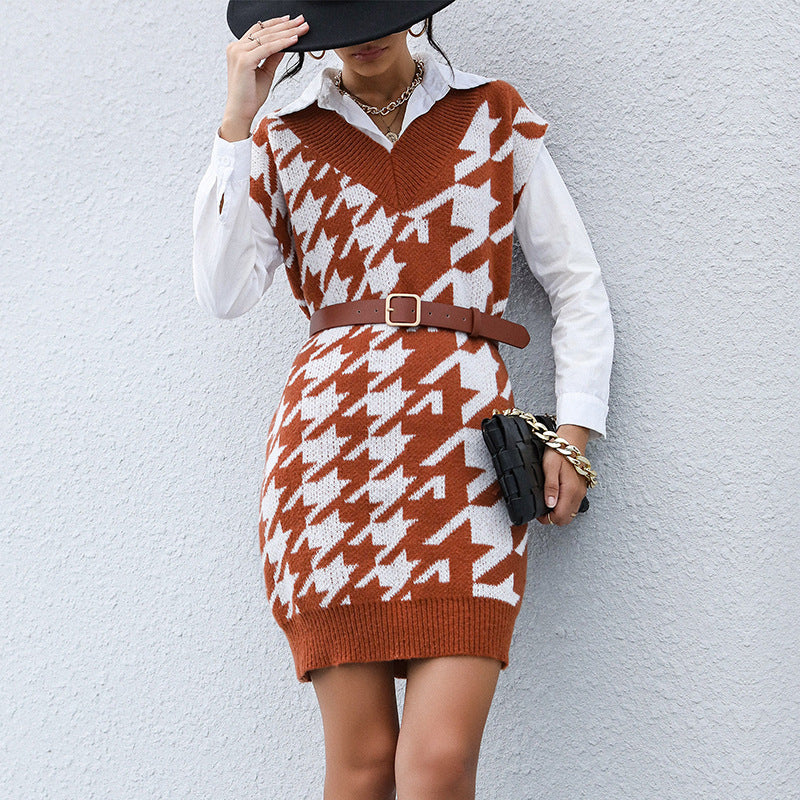 Casual Long Sleeve Houndstooth Sweater