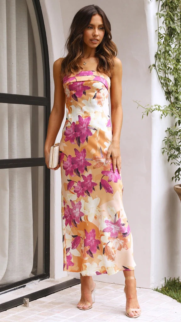 Women's Sexy Floral Print Wrapped Chest Midi Dress