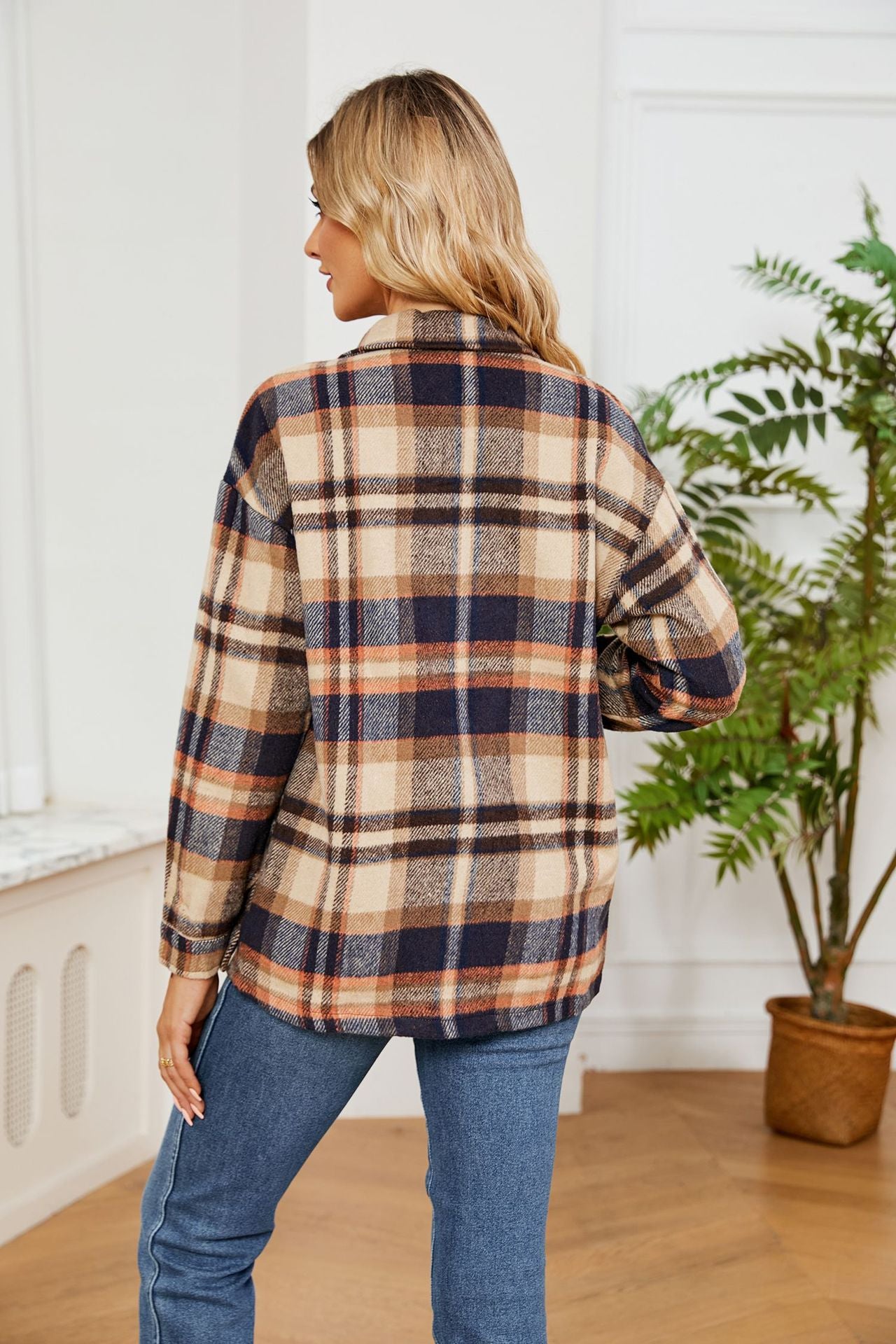 Button Collared Long Sleeve Plaid Shacket