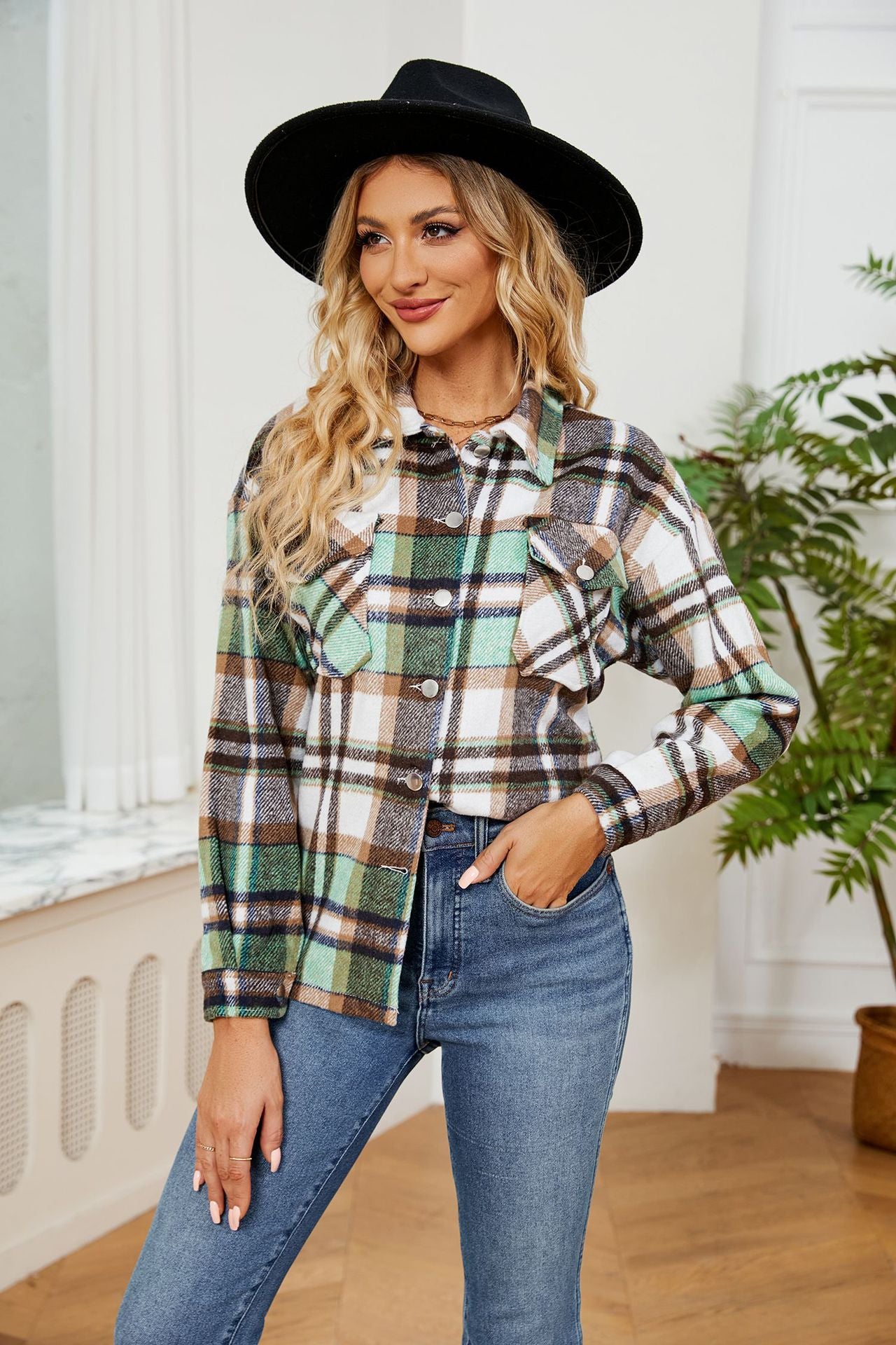 Button Collared Long Sleeve Plaid Shacket