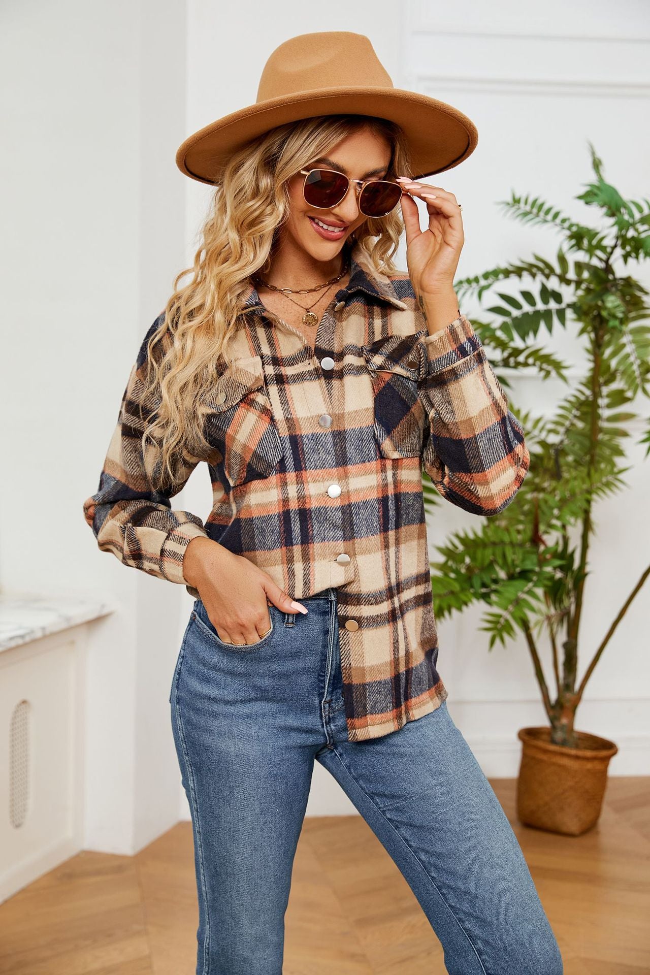 Button Collared Long Sleeve Plaid Shacket