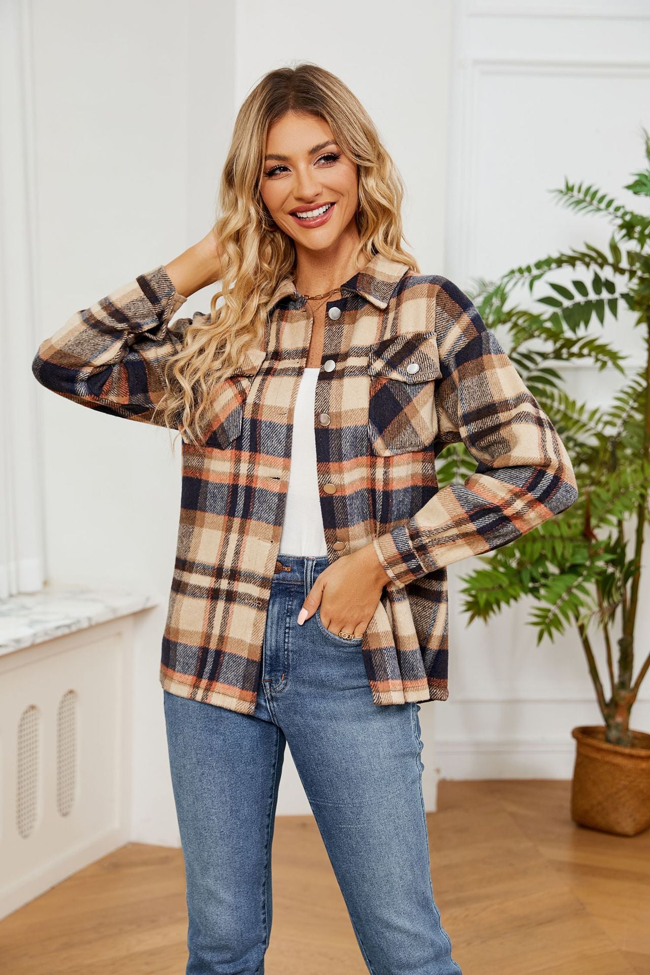Button Collared Long Sleeve Plaid Shacket