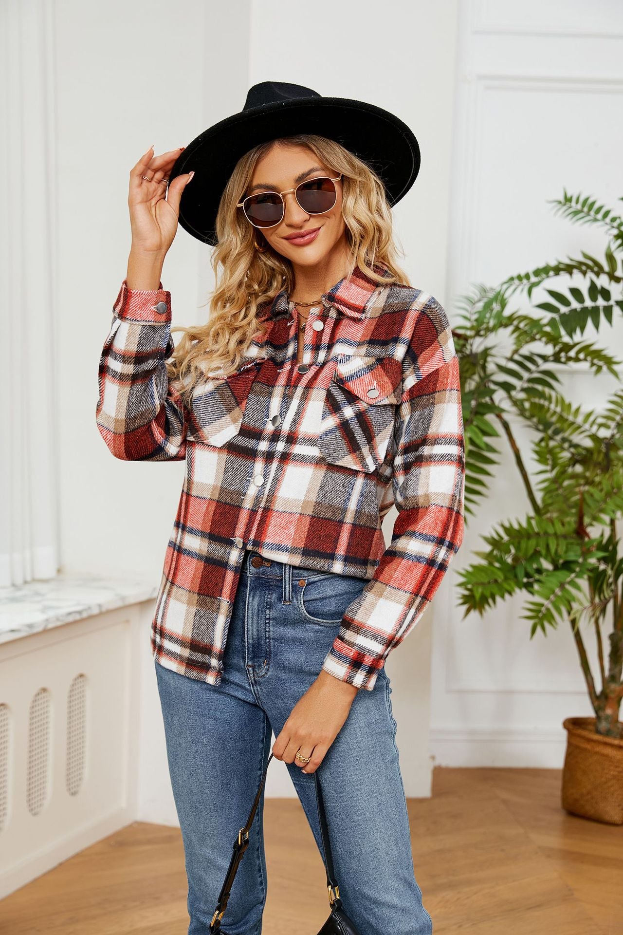 Button Collared Long Sleeve Plaid Shacket