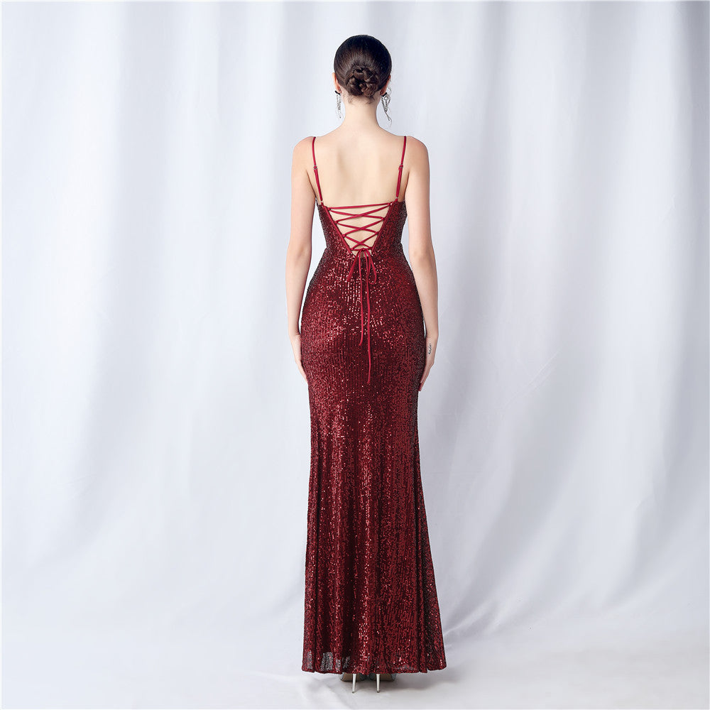 Women's Sexy Sequin Side Slit Long Strap Dress