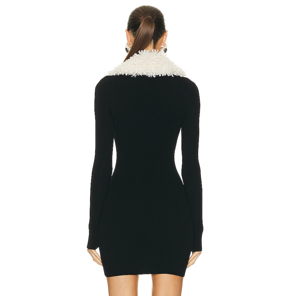 Black Fur Collar Zipper Bandage High Elastic Dress
