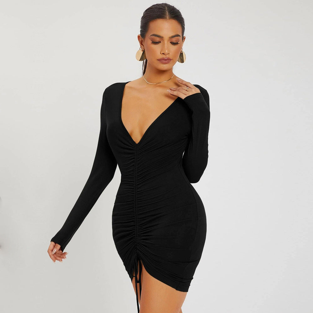 Women's Sexy Drawstring Sheath Knitted Long-Sleeved Dress