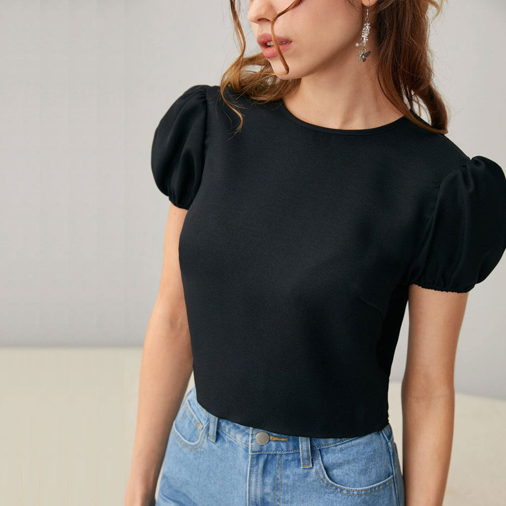 Women's Puff Sleeve French Short Shirt Bow Round Neck Top