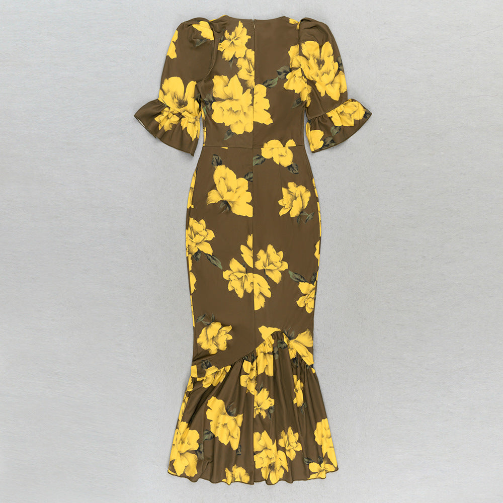 Women's Puff Sleeve Vintage Printed Ruffled Dress